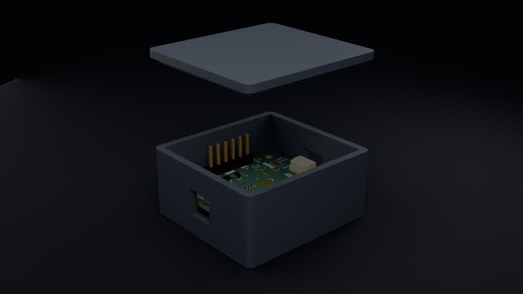 Raytraced render of a generated enclosure with its lid exploded above and the circuit board inside