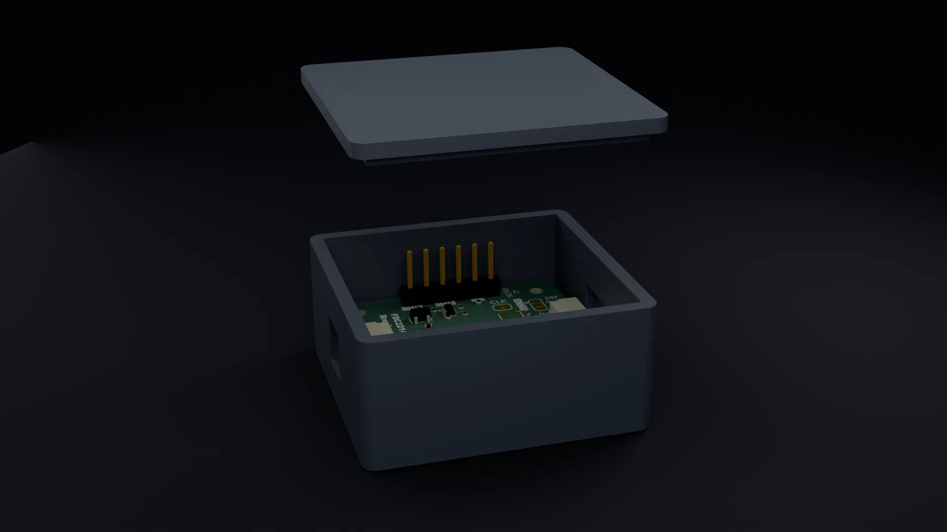 Raytraced render of a generated enclosure, lid exploded above the base, with the real circuit board seated inside